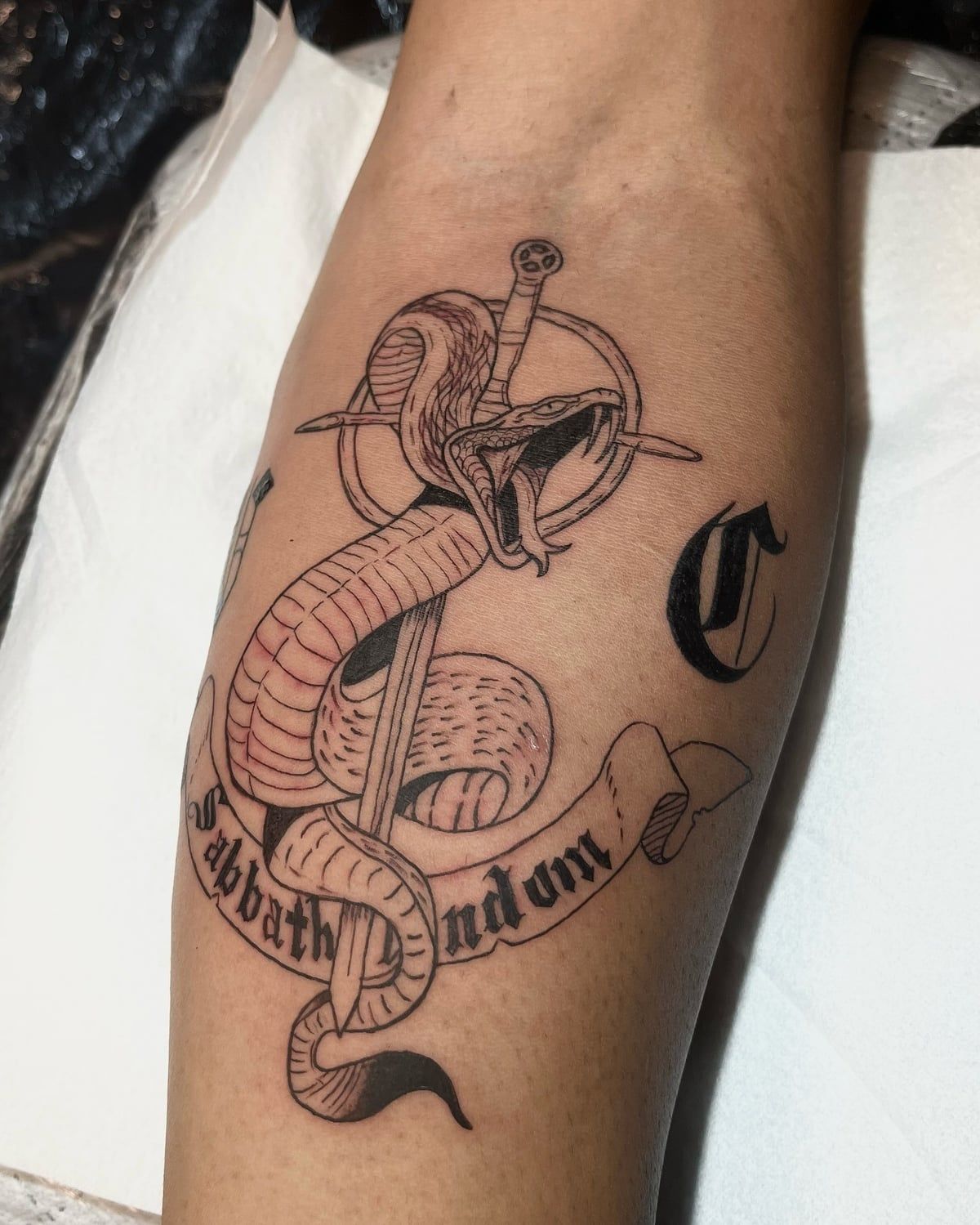 Cobra enrolada em espada com faixa lettering Sabbath Indom em gótico